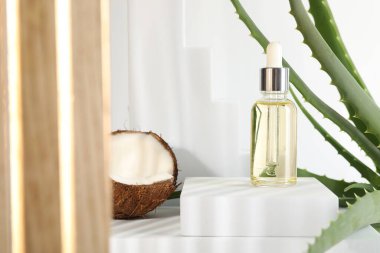 Saç tedavisi. Kozmetik ürün, hindistan cevizi ve aloe yaprakları beyaz arkaplanda