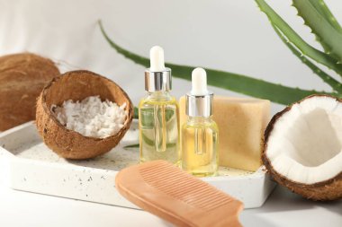 Saç tedavisi. Kozmetik ürünler, hindistan cevizi, tereyağı talaşı, tarak ve aloe yaprakları beyaz arka planda