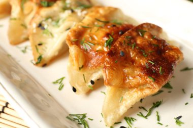Bambu hasırında lezzetli kızarmış gyoza (hamur tatlısı), yakın plan.
