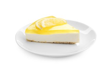 Lezzetli limonlu cheesecake ve çatal beyaz üzerine izole edilmiş.