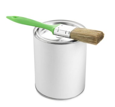 Kapalı boya ve fırça kutusu beyaza izole edilmiş.