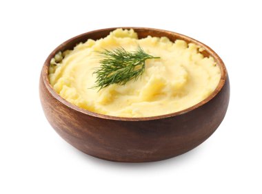 Beyaza izole edilmiş dereotlu patates püresi.