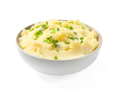 Lezzetli patates püresi, yeşil soğanlı, beyaz tenli.