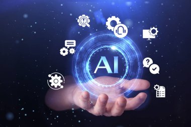 Yapay zeka. Koyu mavi arkaplan üzerinde sanal ekran kullanan adam, yakın plan. Yapay zekanın kısaltması ve simgeleri