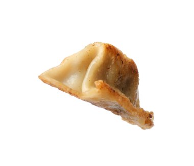 Bir kızarmış gyoza hamur tatlısı, beyaz üzerine izole edilmiş.