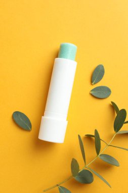 Dudak kremi ve okaliptüs yaprakları sarı arka planda, düz yerde.