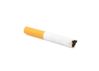 One cigarette butt isolated on white. Smoking habit