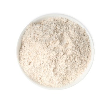 Kahverengi pirinç unu beyaz kasede izole edilmiş, üst manzara.