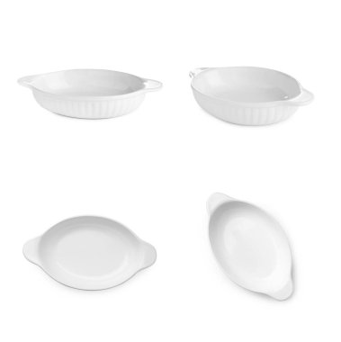 Beyaz arka planda seramik güveç, kolaj. Üst ve yan görünümler