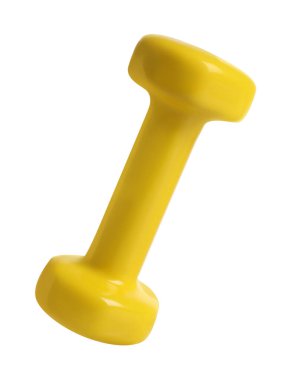 Beyaza izole edilmiş sarı bir dambıl. Spor malzemeleri.