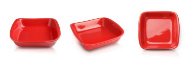 Beyaz arka planda seramik güveç, kolaj. Farklı taraflardan görünümler