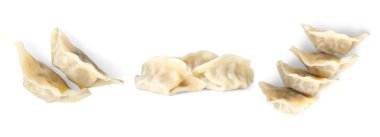 Beyaz arka planda kaynamış gyoza (hamur tatlısı), kolaj