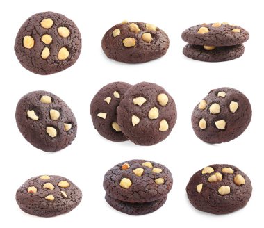 Fındıklı çikolatalı kurabiyeler beyaza izole edilmiş.