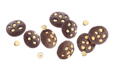 Beyaz arka planda fındıklı lezzetli çikolatalı kurabiyeler.