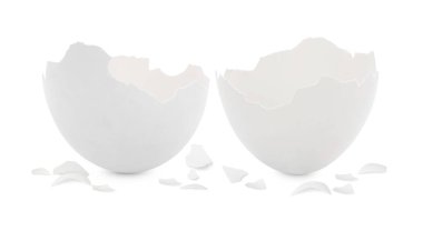Beyaz arka planda kırılmış yumurta kabuğu parçaları.