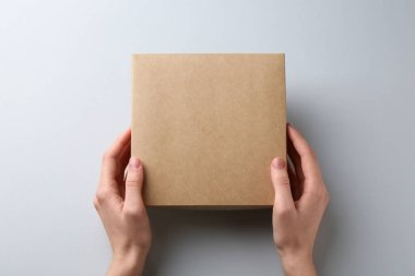Beyaz arka planda boş karton kutulu kadın, üst manzara. Tasarım için model