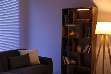 Rahat kanepesi ve ahşap raf ünitesi olan şık bir oturma odası. İç tasarım