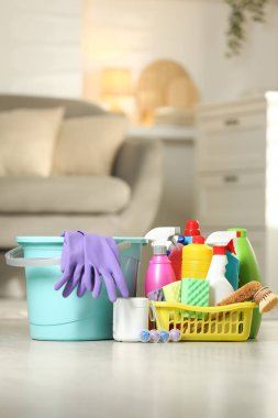 Evde farklı deterjan, kova, eldiven ve diğer temizlik aletleri var. Metin için boşluk