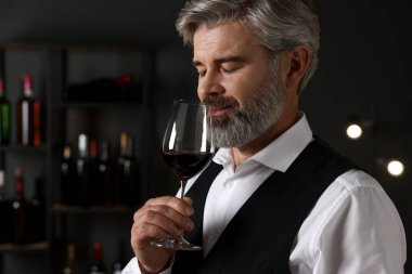 Profesyonel şarap garsonu. Kapalı alanda kırmızı şarap tadıyor.