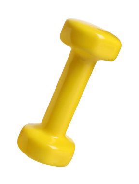 Beyaza izole edilmiş sarı bir dambıl. Spor malzemeleri.
