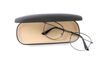 One case with glasses isolated on white, top view