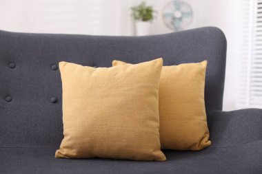 Odadaki kanepede yumuşak dekoratif yastıklar.