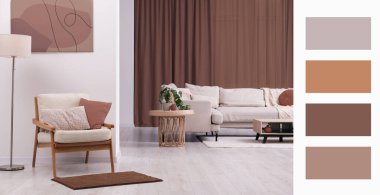 Mocha Mousse gölgesinde elementleri olan şık bir daire. İç tasarım ve eşleşen renk paleti