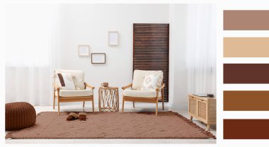 Mocha mus gölgesinde elementleri olan şık bir oturma odası. İç tasarım ve eşleşen renk paleti