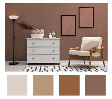 Mocha mus gölgesinde elementleri olan şık bir oturma odası. İç tasarım ve eşleşen renk paleti