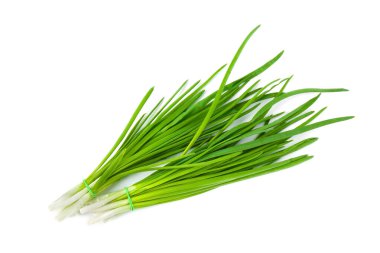 Taze taze soğan demetleri beyaz, üst görünümde izole