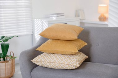 Odadaki kanepede yumuşak dekoratif yastıklar.