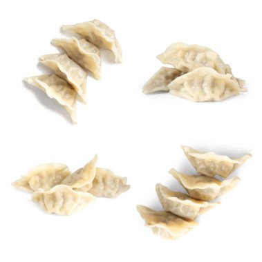 Beyaz arka planda kaynamış gyoza (hamur tatlısı), kolaj