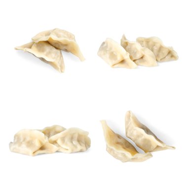 Beyaz arka planda kaynamış gyoza (hamur tatlısı), kolaj
