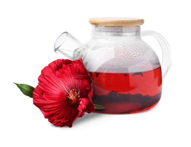 Taze demlenmiş amber çayı ve beyaz üzerine izole edilmiş kırmızı çiçek.