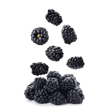Fresh blackberries falling onto pile on white background