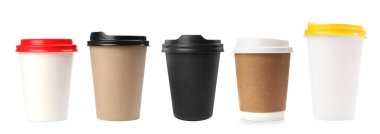 Different paper takeaway cups on white background, set