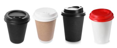 Different paper takeaway cups on white background, set