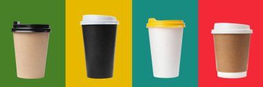 Different paper takeaway cups on colorful background, set