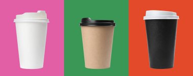 Different paper takeaway cups on colorful background, set