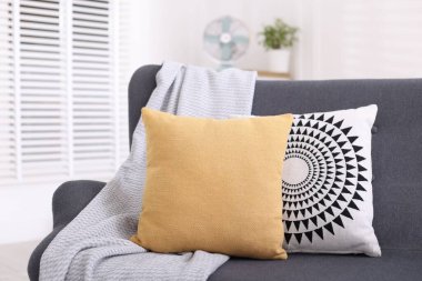 Odadaki kanepede yumuşak dekoratif yastıklar ve battaniye.