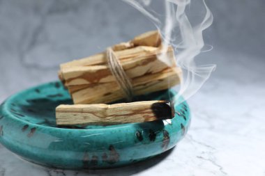 Palo Santo stick smoldering on grey table, closeup