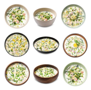 Lezzetli okroshka çorbası, beyaz arka planda kefir tabakları, kolaj