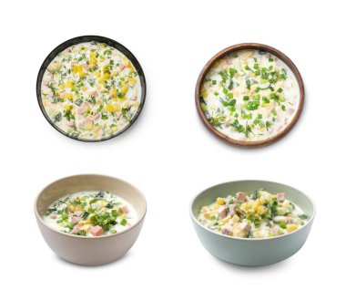 Lezzetli okroshka çorbası, beyaz arka planda kefir tabakları, kolaj