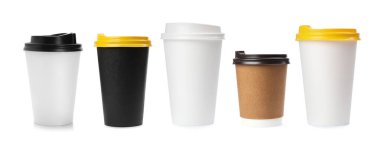 Different paper takeaway cups on white background, set