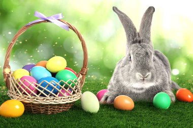 Paskalya kutlaması. Şirin tüylü tavşan ve yeşil çimlerde renkli yumurtalar.