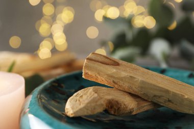Palo santo sticks on table, closeup view