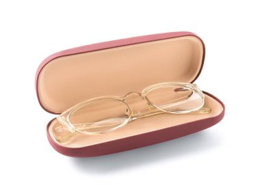 One stylish case with glasses isolated on white