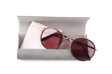 One grey case with sunglasses and lens cloth isolated on white, top view