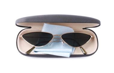 One black case with sunglasses and lens cloth isolated on white, above view