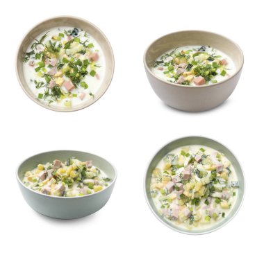 Delicious okroshka soup with kefir in bowls on white background, collage. Top and side views